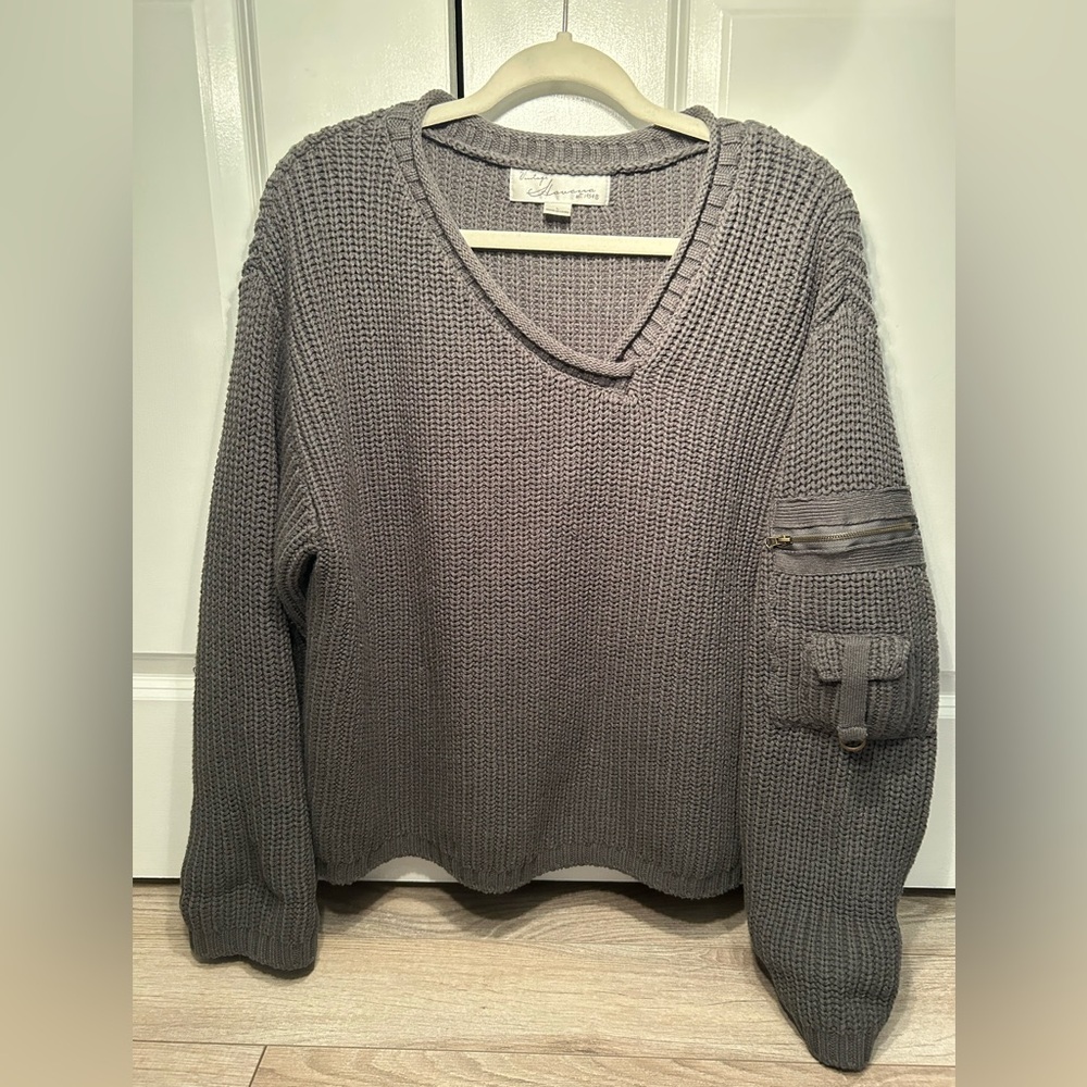 Vintage Havana Gray Knit Sweater Cotton Large Zipper Pocket Sleeve V-Neck Chunky